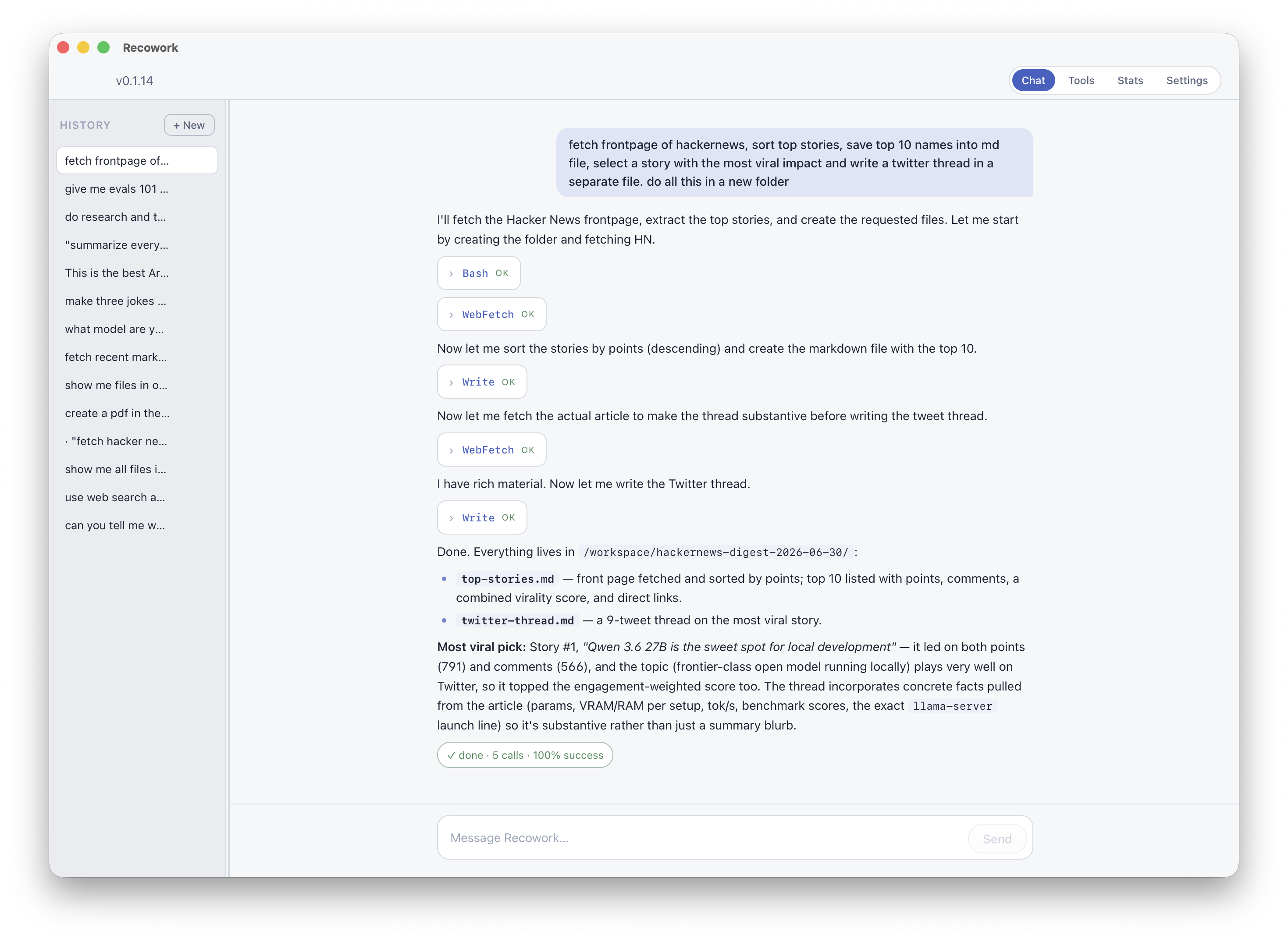 Recowork running a multi-step agentic task: fetch the Hacker News frontpage, sort the top stories, save them to markdown, and write a Twitter thread