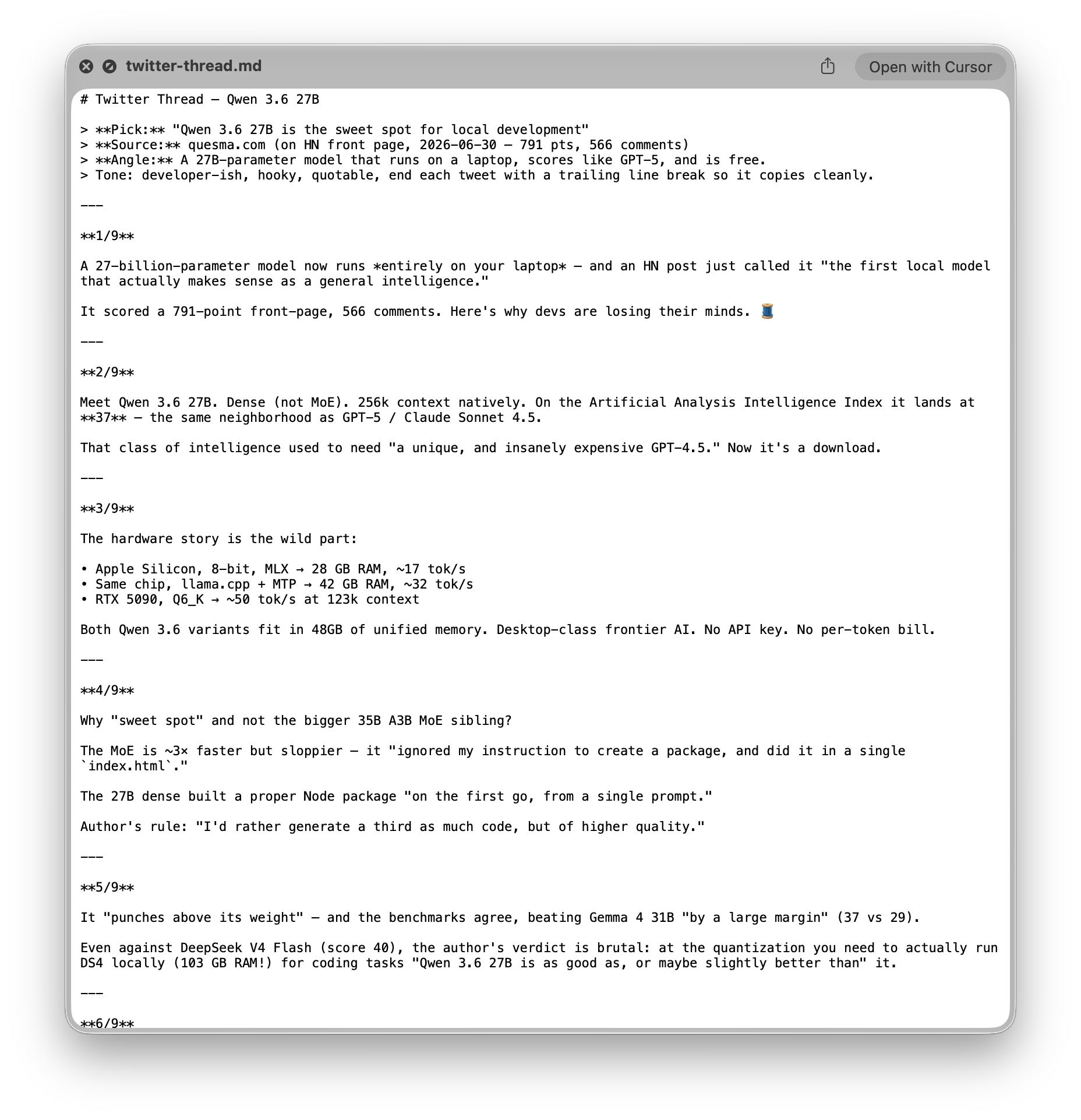 The twitter-thread.md file the agent produced, opened in a viewer