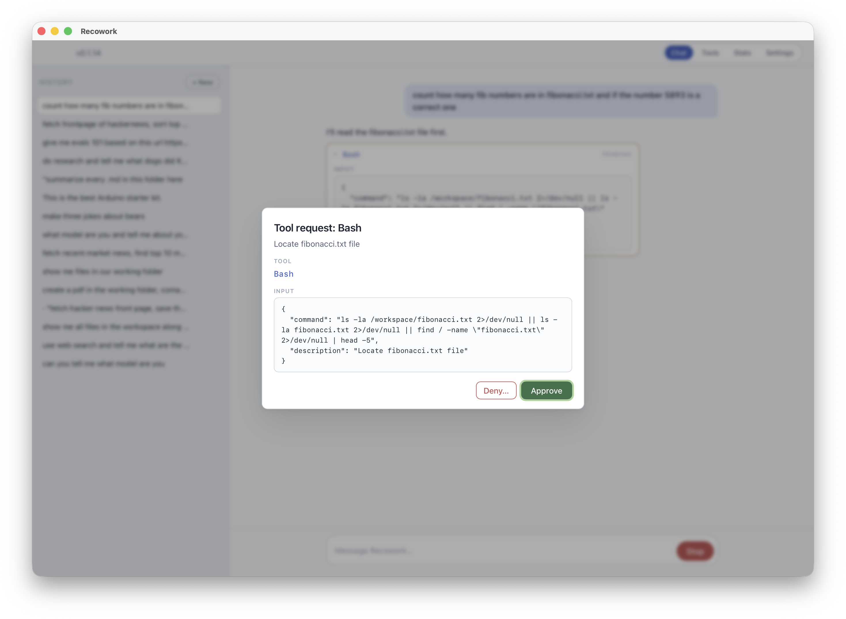 Recowork asking for approval before running a Bash command