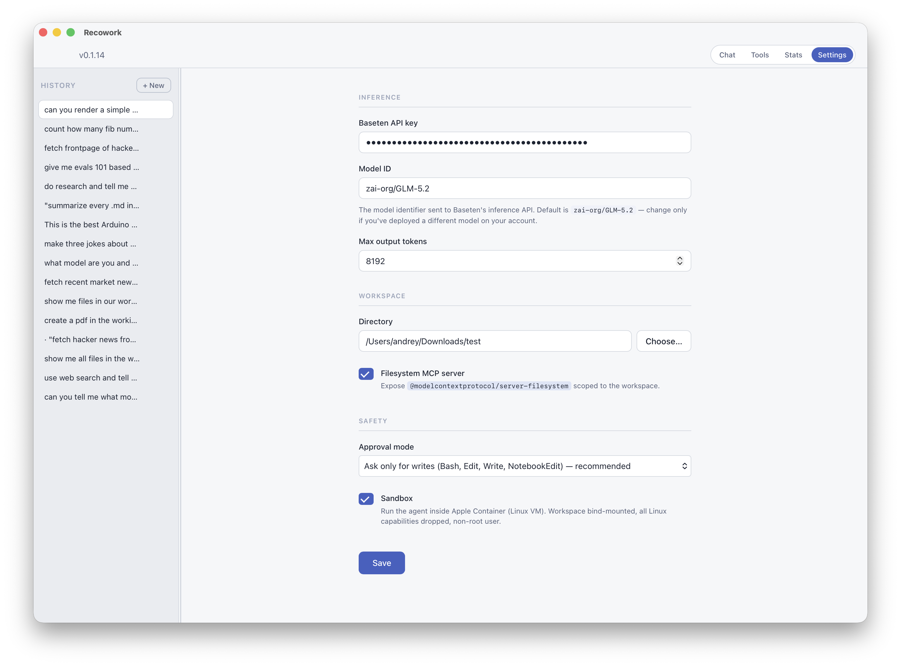 Recowork settings: GLM-5.2 served via Baseten, with the sandbox running inside an Apple Container (Linux VM)