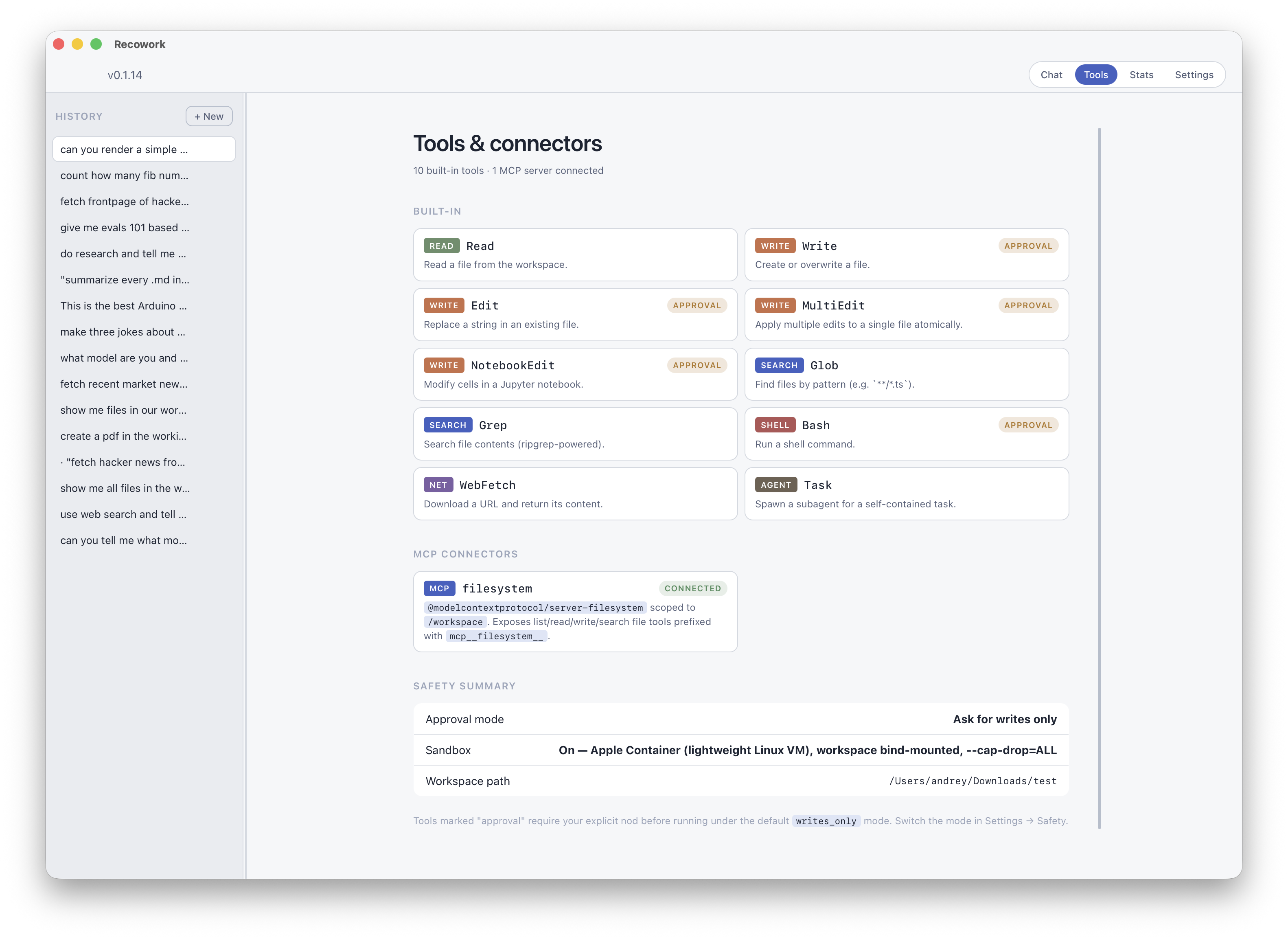Recowork's Tools & connectors screen: 10 built-in tools and one connected filesystem MCP server